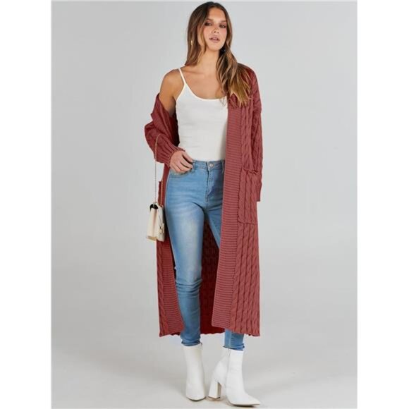 Womens Long Cardigan Sweaters Trendy Rust Red - Picture 5 of 5